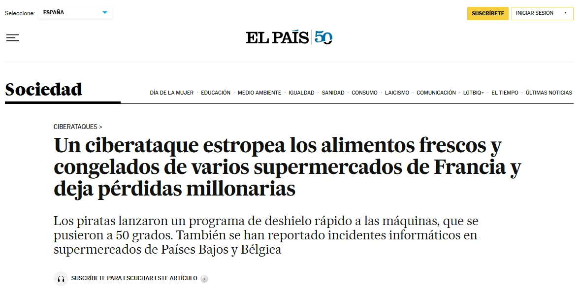 Titular de El País sobre el ciberataque a la refrigeración de supermercados en Francia