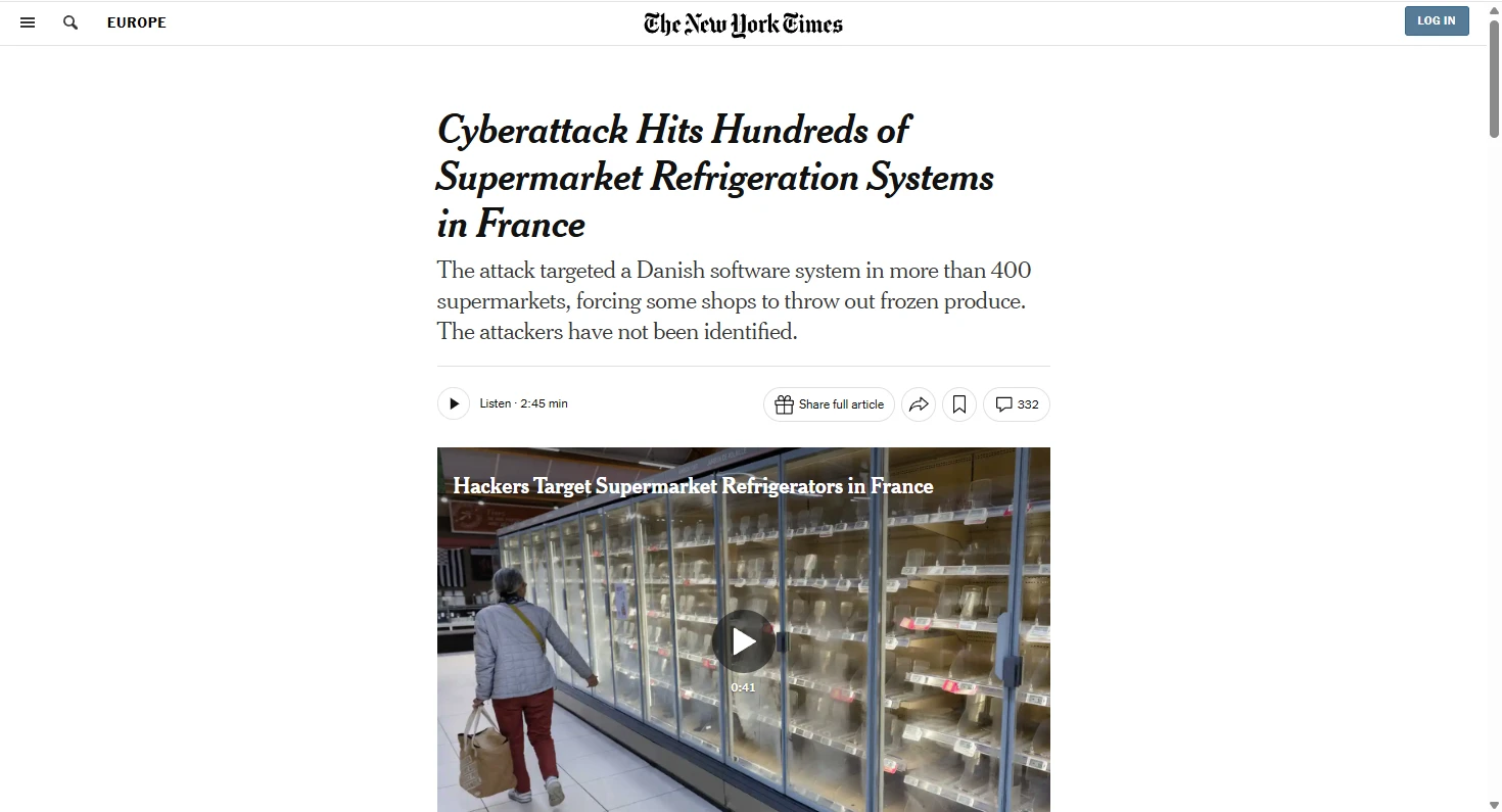 Titular de The New York Times sobre el ciberataque a los sistemas de refrigeración de supermercados en Francia