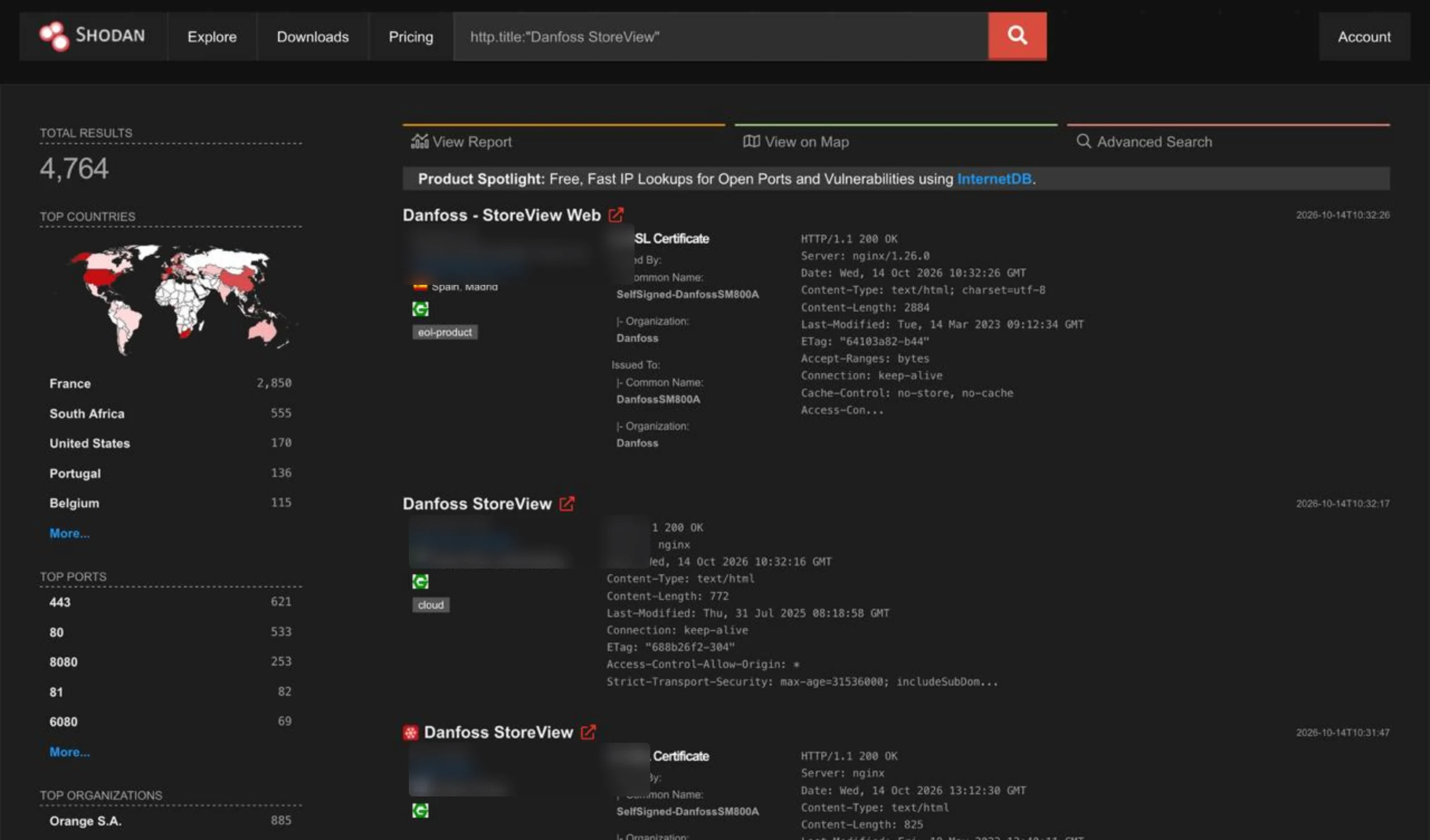 Shodan: http.title "Danfoss StoreView" devuelve 4.764 paneles AK-SM accesibles desde Internet